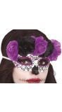 Día de Muertos masker met bloemen paars en zwart