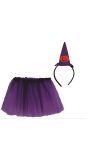 Paarse tutu met heksenhoed haarband kind 30 cm halloween