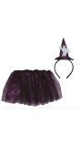 Zwart/paarse tutu met geestenhoed haarband kind 30 cm halloween