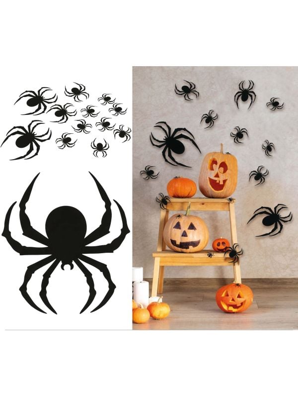 12 zwarte spinnen silhouetten 6 - 19 cm halloween