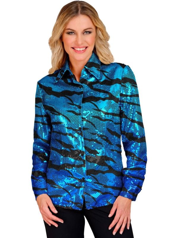 Blauwe zebraprint pailletten blouse