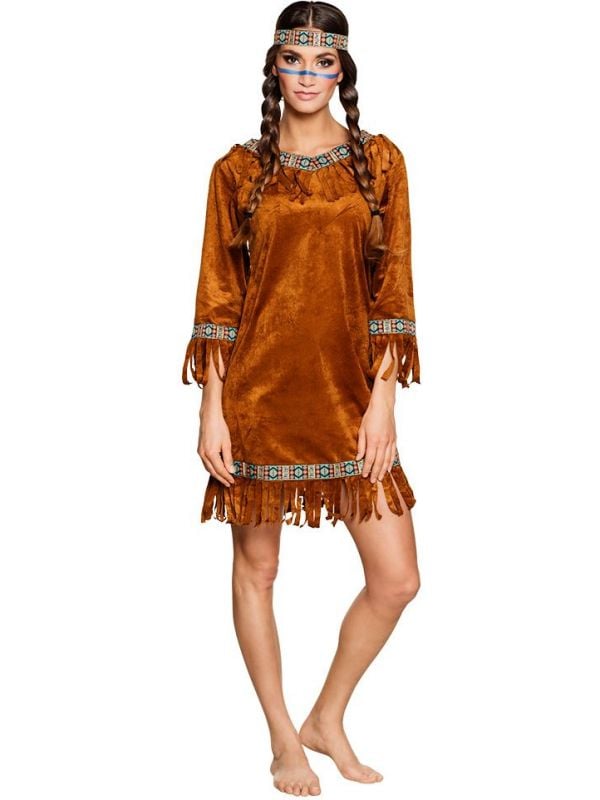 hoekpunt Humanistisch voor mij Bruin fluweel indianen jurkje vrouwen | Feestkleding.nl