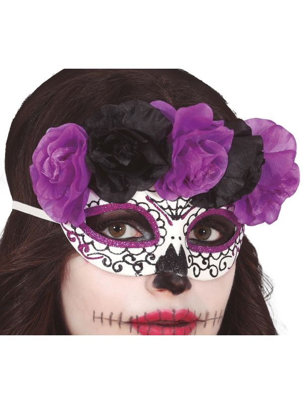 Día de Muertos masker met bloemen paars en zwart