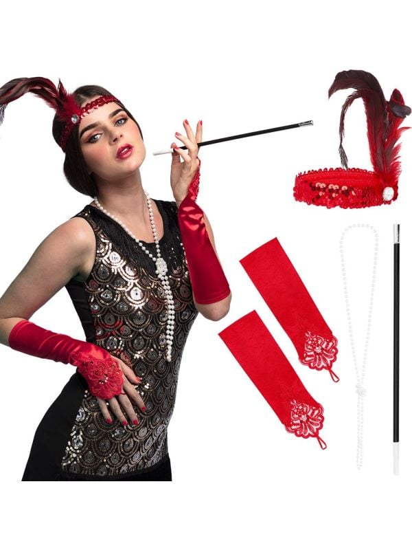 Deluxe 20's flapper accessoireset rood elegant retro