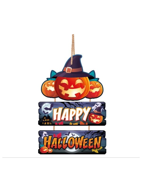 Houten "Happy Halloween" pompoen bord 3 delig 32 x 21 cm