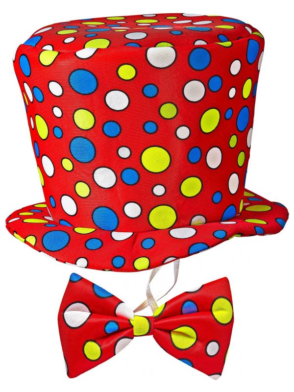 Kleine clown hoed rood met stippen en vlinderstrik