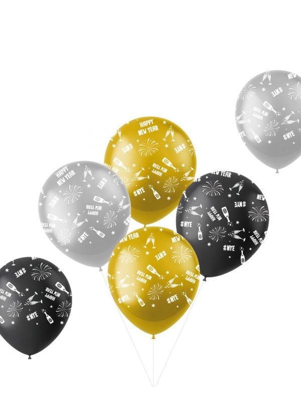 Latexballonnen Nieuw jaar Zwart, Goud, Zilver
