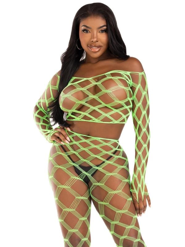 Neon groene visnet croptop leggingset dames