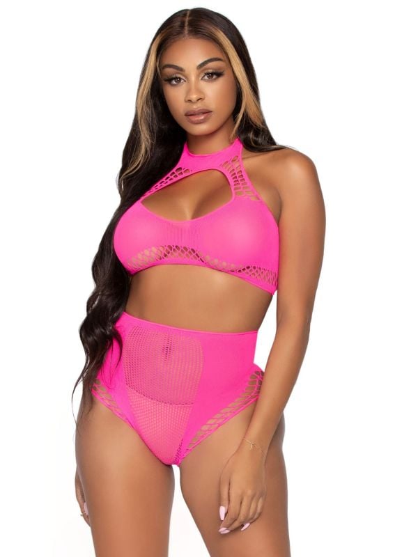 Neon roze croptop lingerieset dames