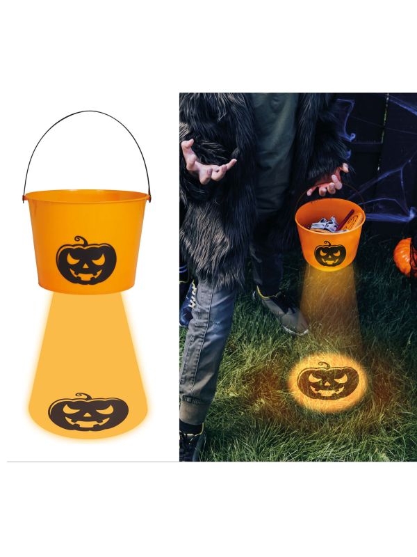 Oranje pompoen emmer met projecterende verlichting 15 cm halloween