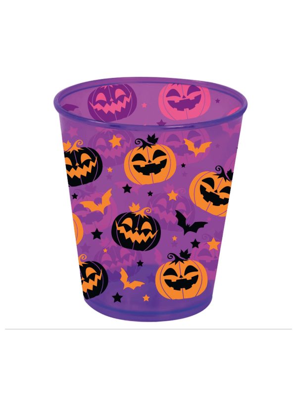 Paarse drinkbeker pompoen en vleermuis plastic 10 cm halloween