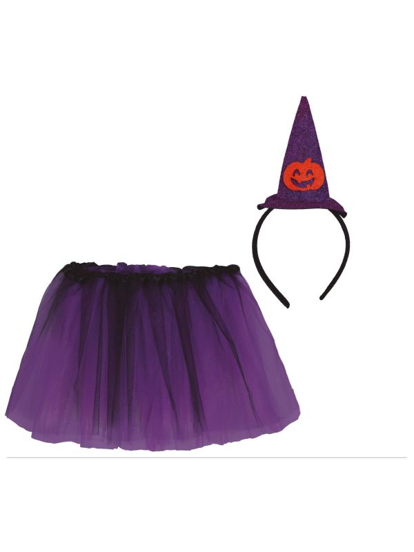 Paarse tutu met heksenhoed haarband kind 30 cm halloween