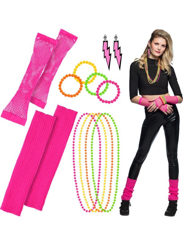 Retro 80s accessoires set neon roze