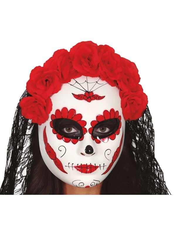 Rood Día de Muertos masker met sluier