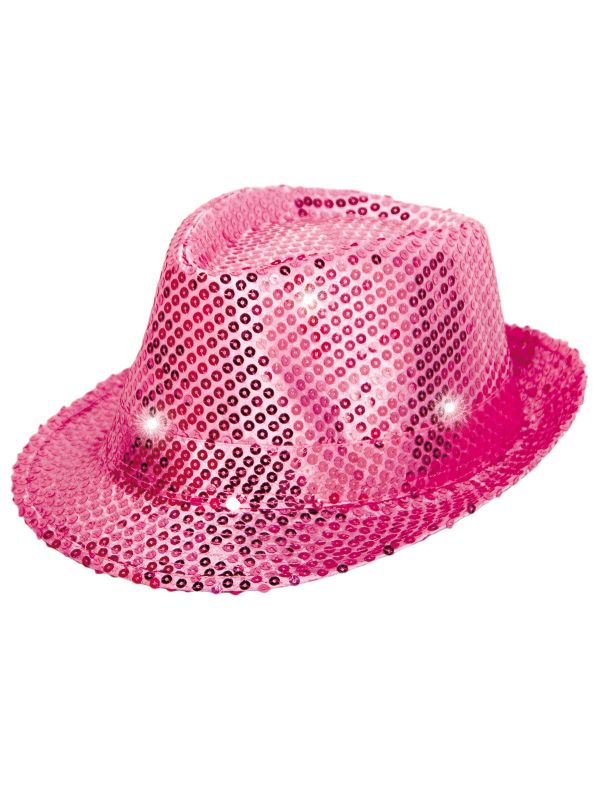 Roze party glitter LED trilby hoed