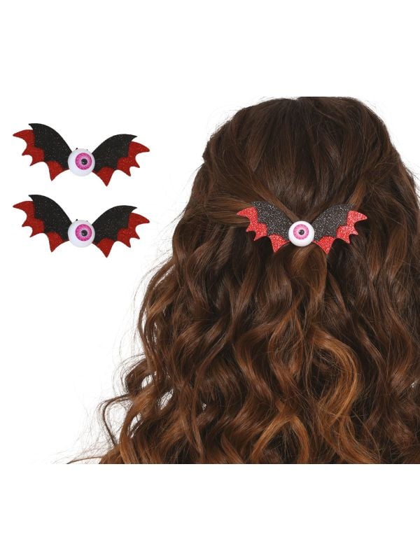 Set van 2 vleermuis met nepoog haarclips 10 cm halloween