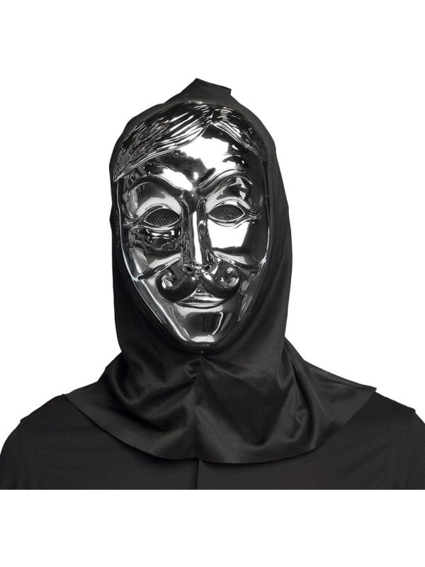 Zilveren anonymous gezichtsmasker met kap halloween