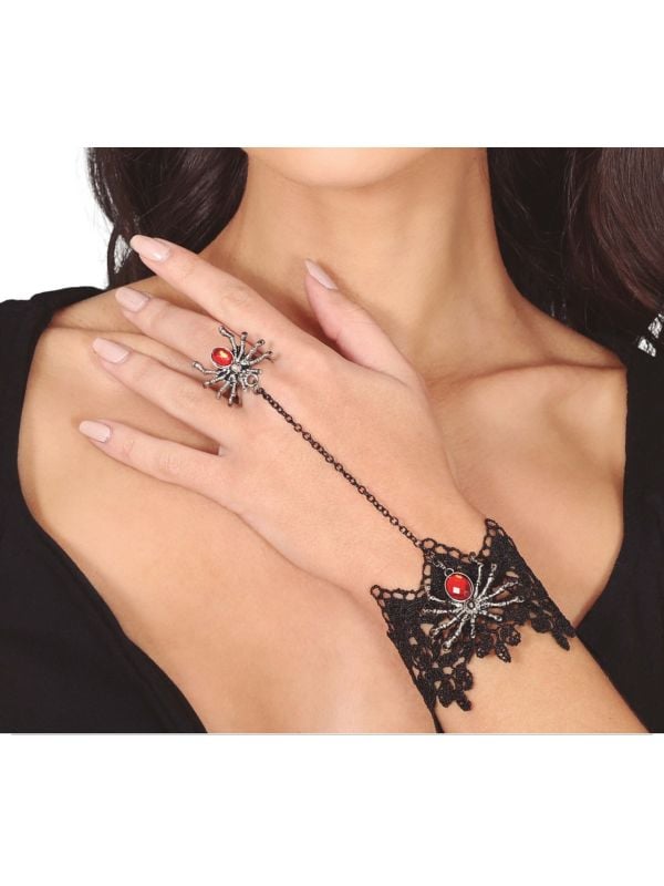 Zwart geborduurde armband met spinnenring halloween