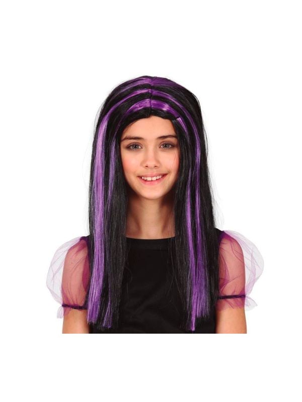 Zwart haar met paarse highlights pruik kind halloween