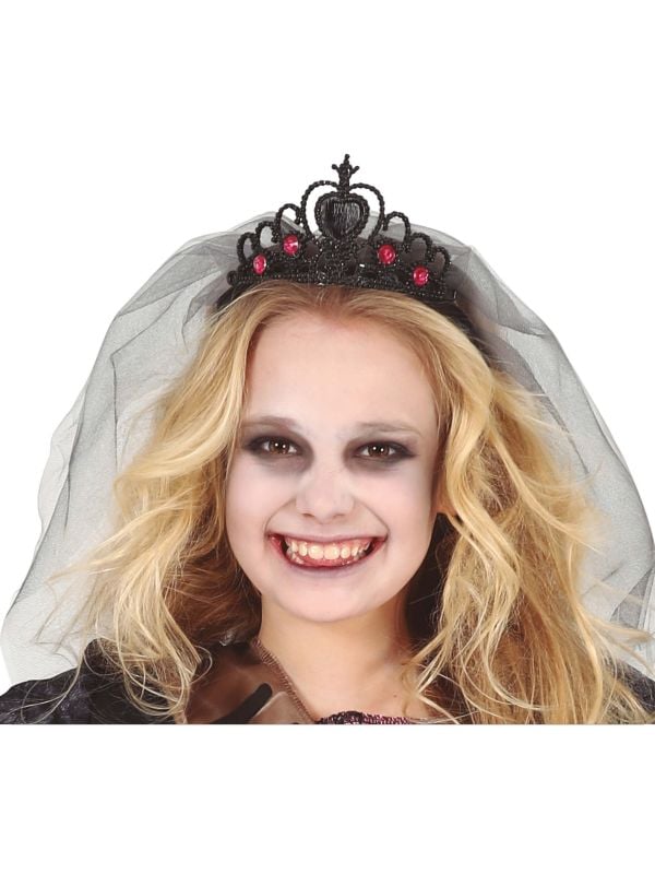 Zwarte kroon diadeem met sluier halloween