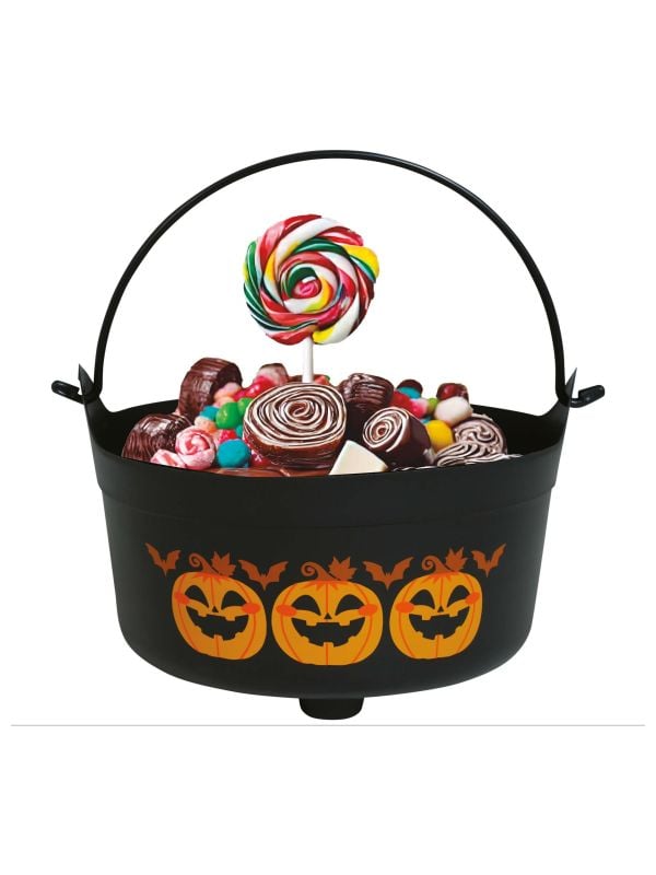 Zwarte pompoen snoepketel met hendel 24 x 23 x 15 cm halloween