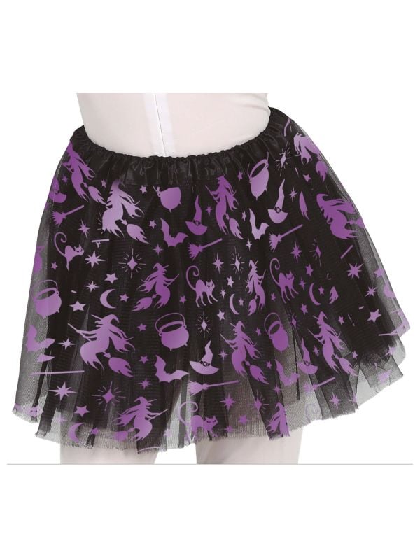 Zwarte tutu met paarse halloween figuren kind 30 cm halloween