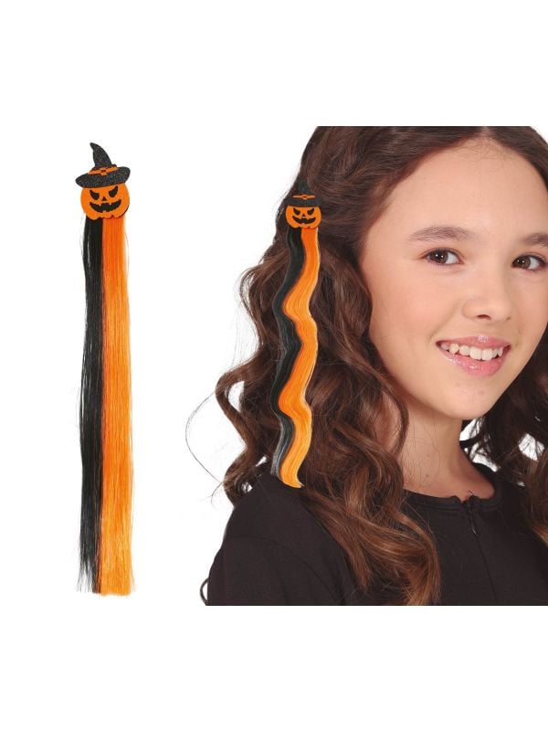 Zwart/oranje hair extension clip pompoen 40 cm halloween