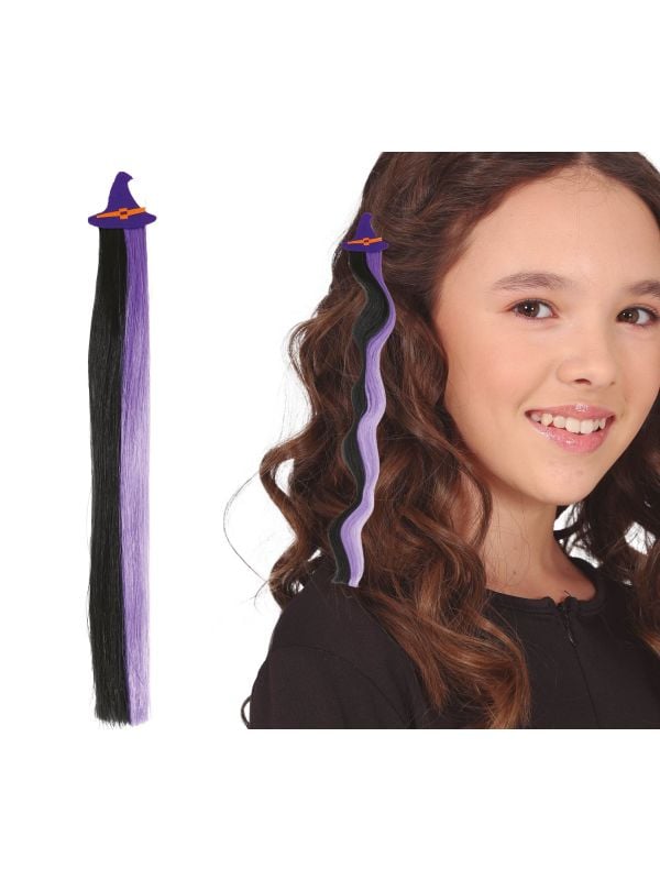 Zwart/paarse hair extension clip heksenhoed 40 cm halloween