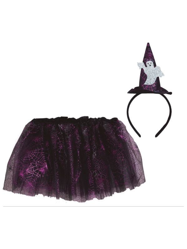 Zwart/paarse tutu met geestenhoed haarband kind 30 cm halloween