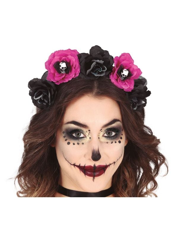 Zwart/roze bloemen Día de Muertos haarband