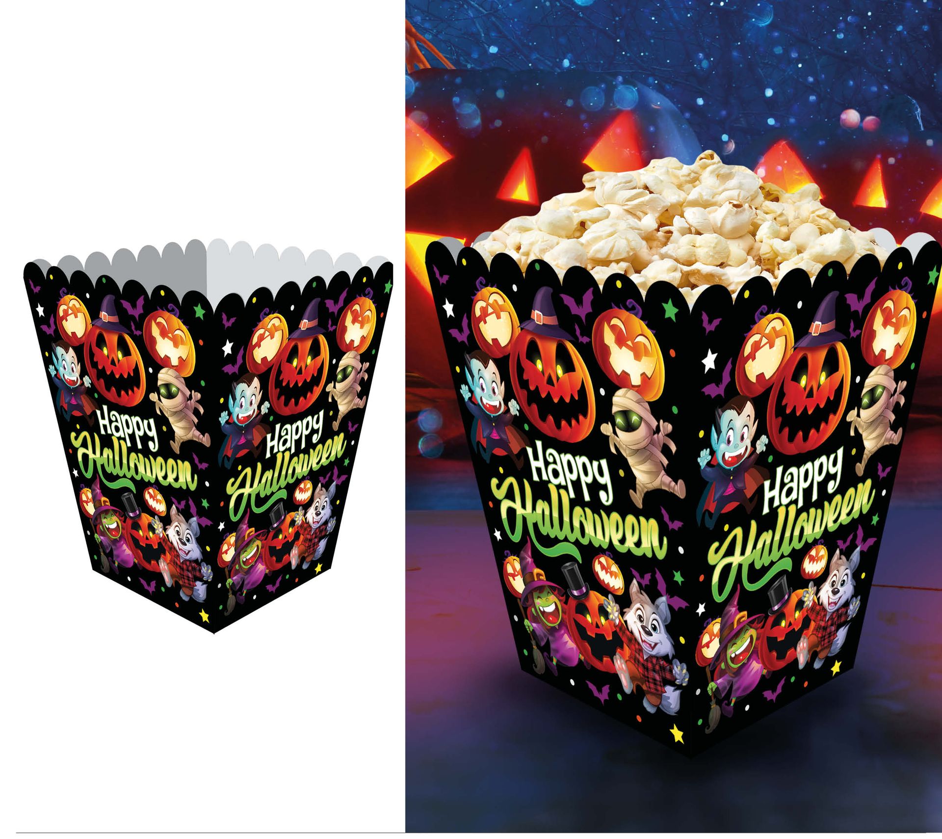 6 papieren popcornbakken vrolijke halloween monsters 60 x 33 cm