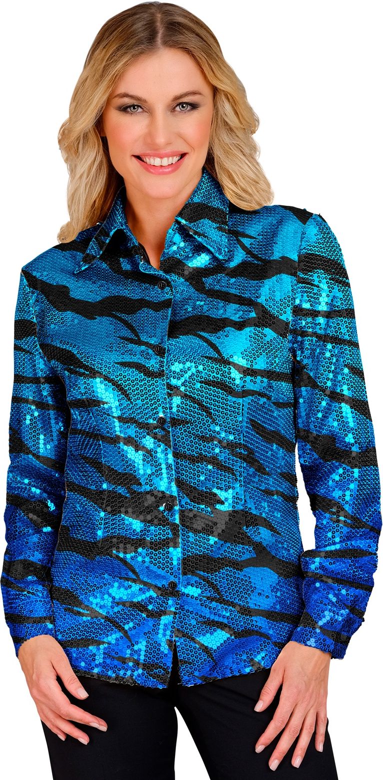 Blauwe zebraprint pailletten blouse