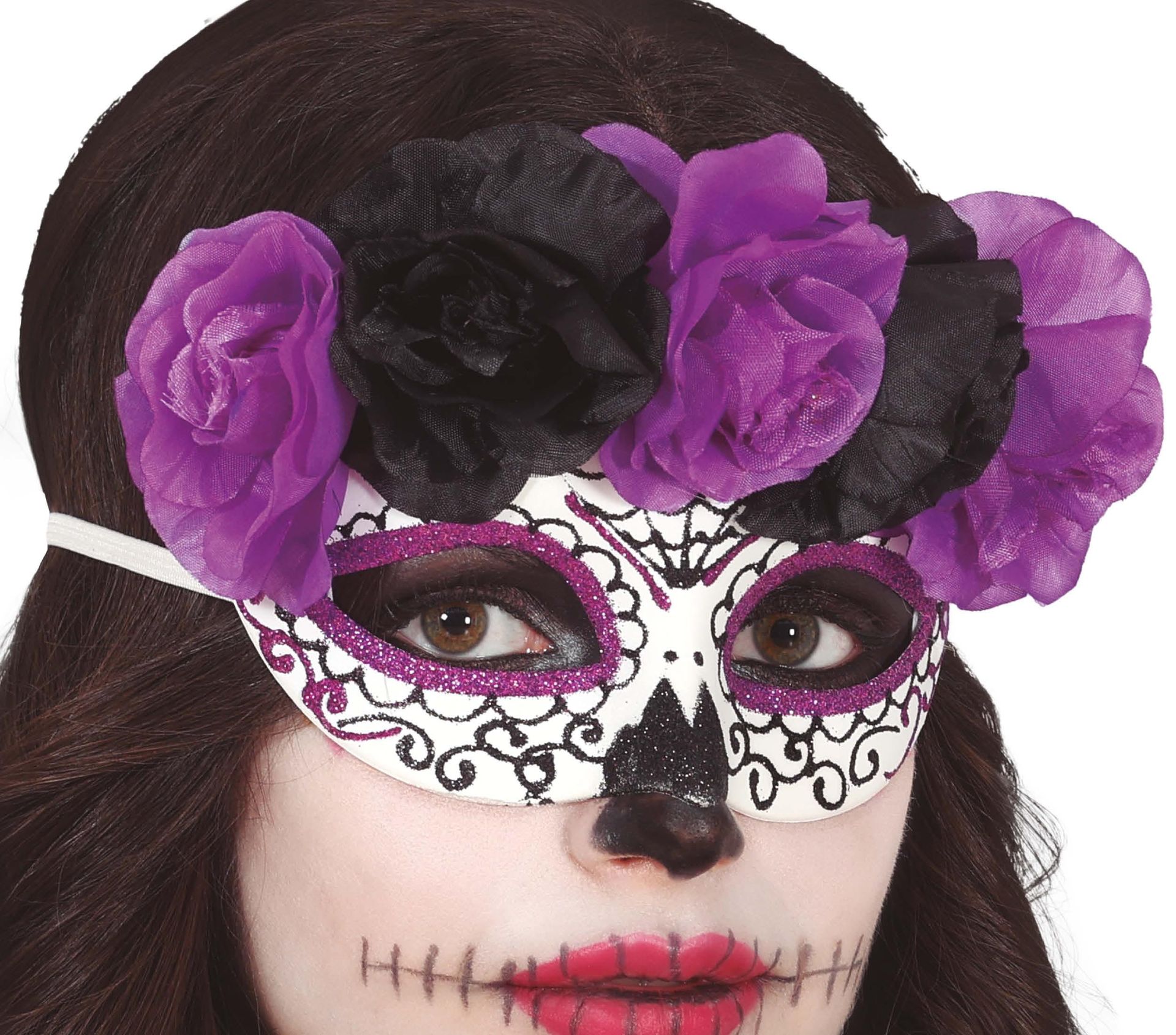 Día de Muertos masker met bloemen paars en zwart