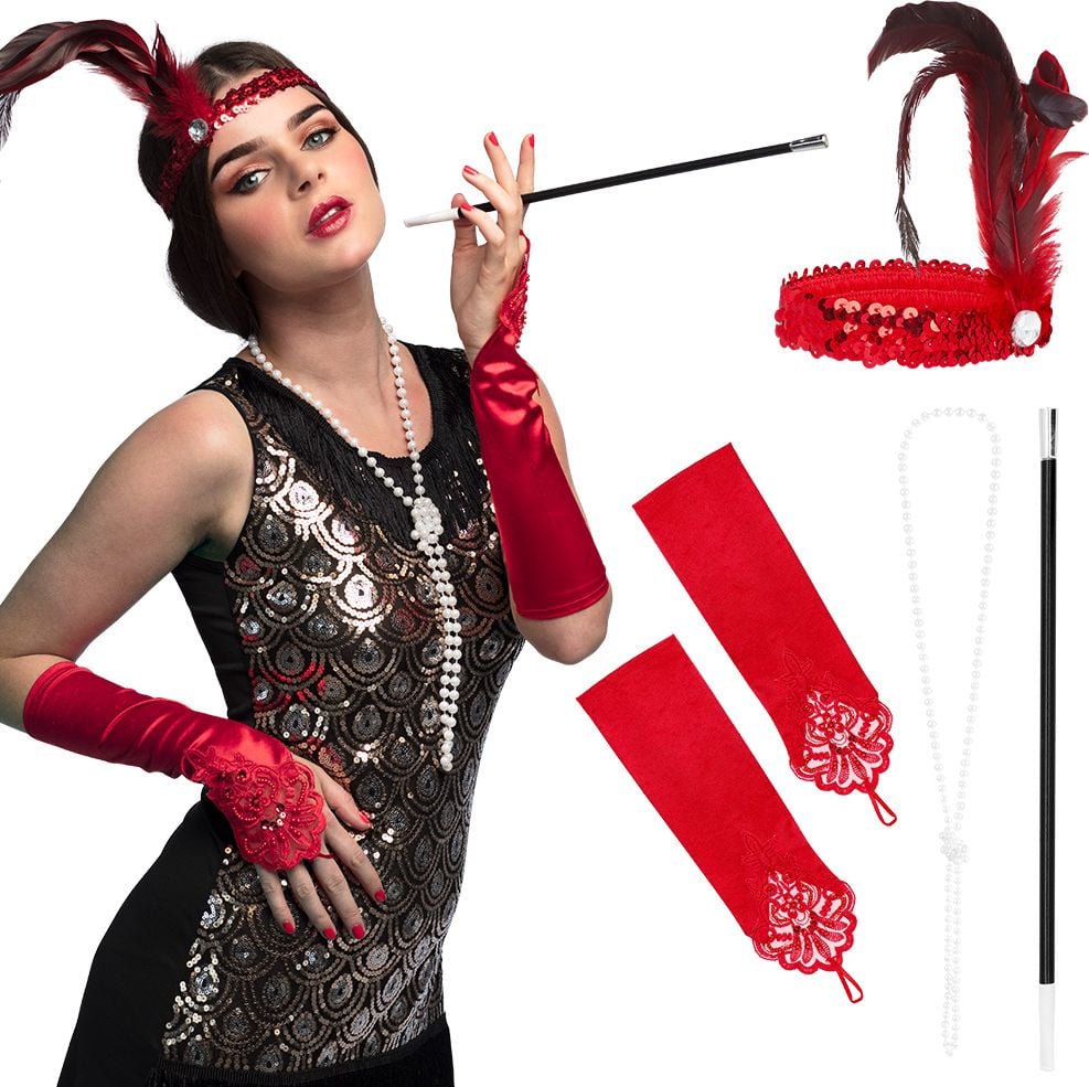 Deluxe 20's flapper accessoireset rood elegant retro