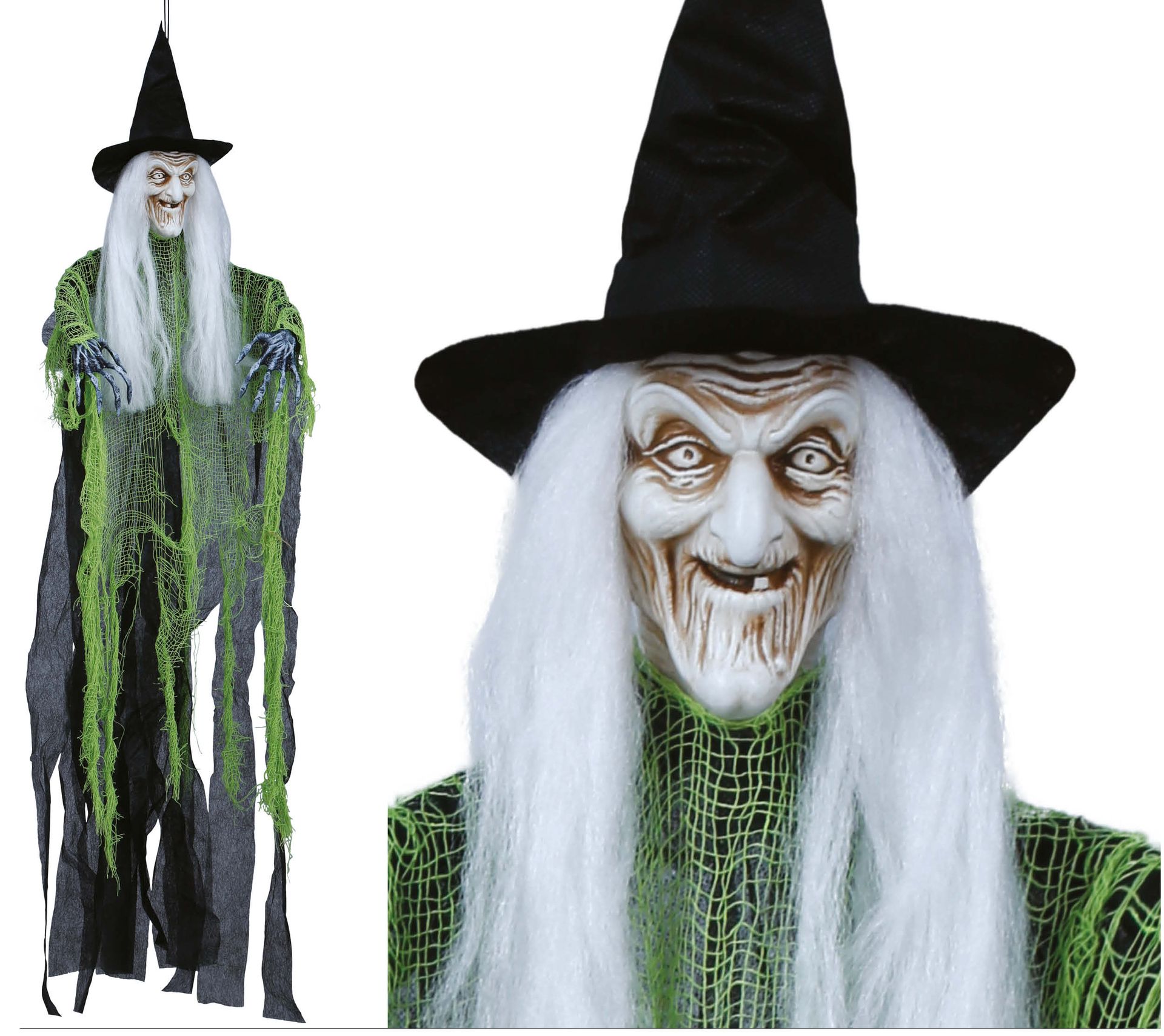 Hangdecoratie heks met groene tuniek en wit haar 100 cm halloween