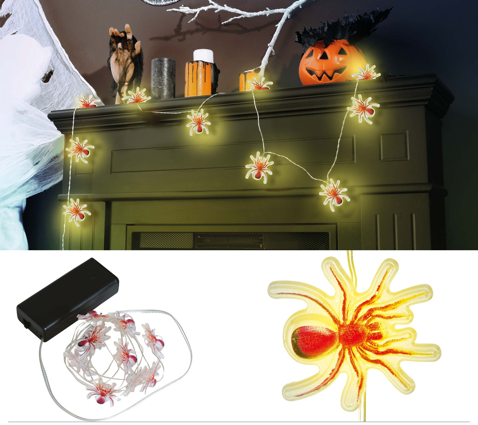 Lichtslinger 10 LED lampjes geel spinnen 300 cm halloween