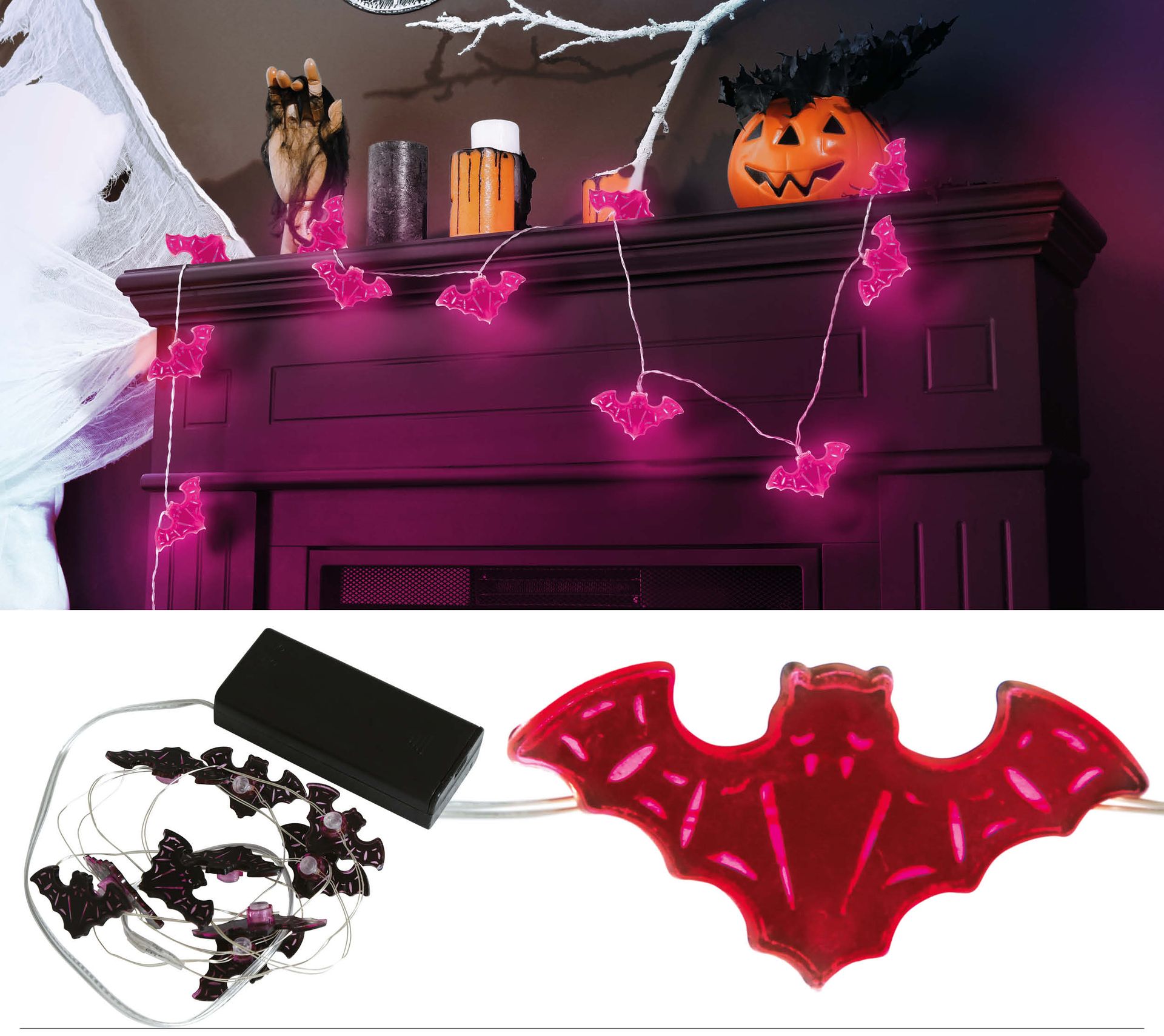 Lichtslinger 10 LED lampjes paars vleermuizen 300 cm halloween