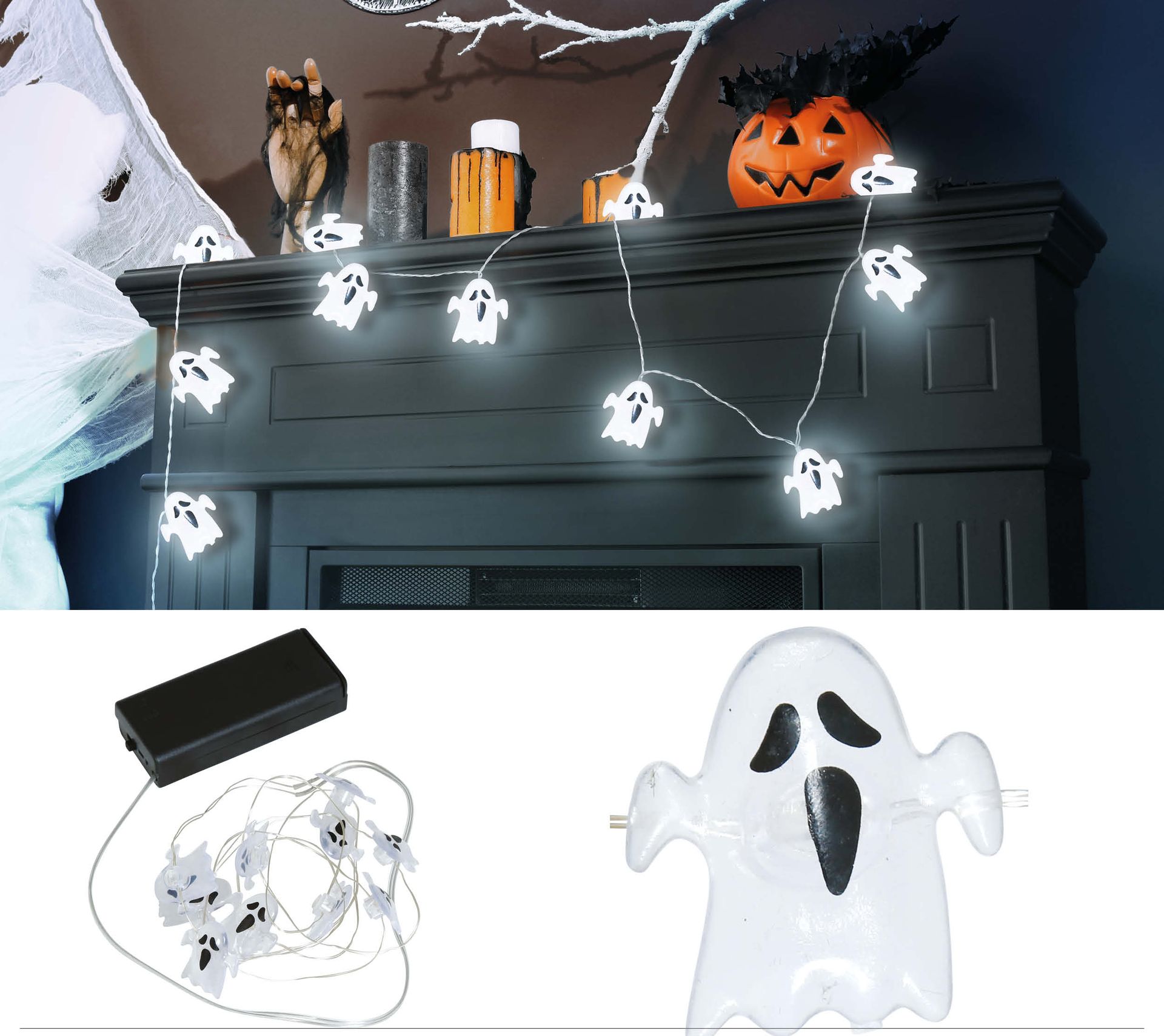 Lichtslinger 10 LED lampjes wit geesten 300 cm halloween