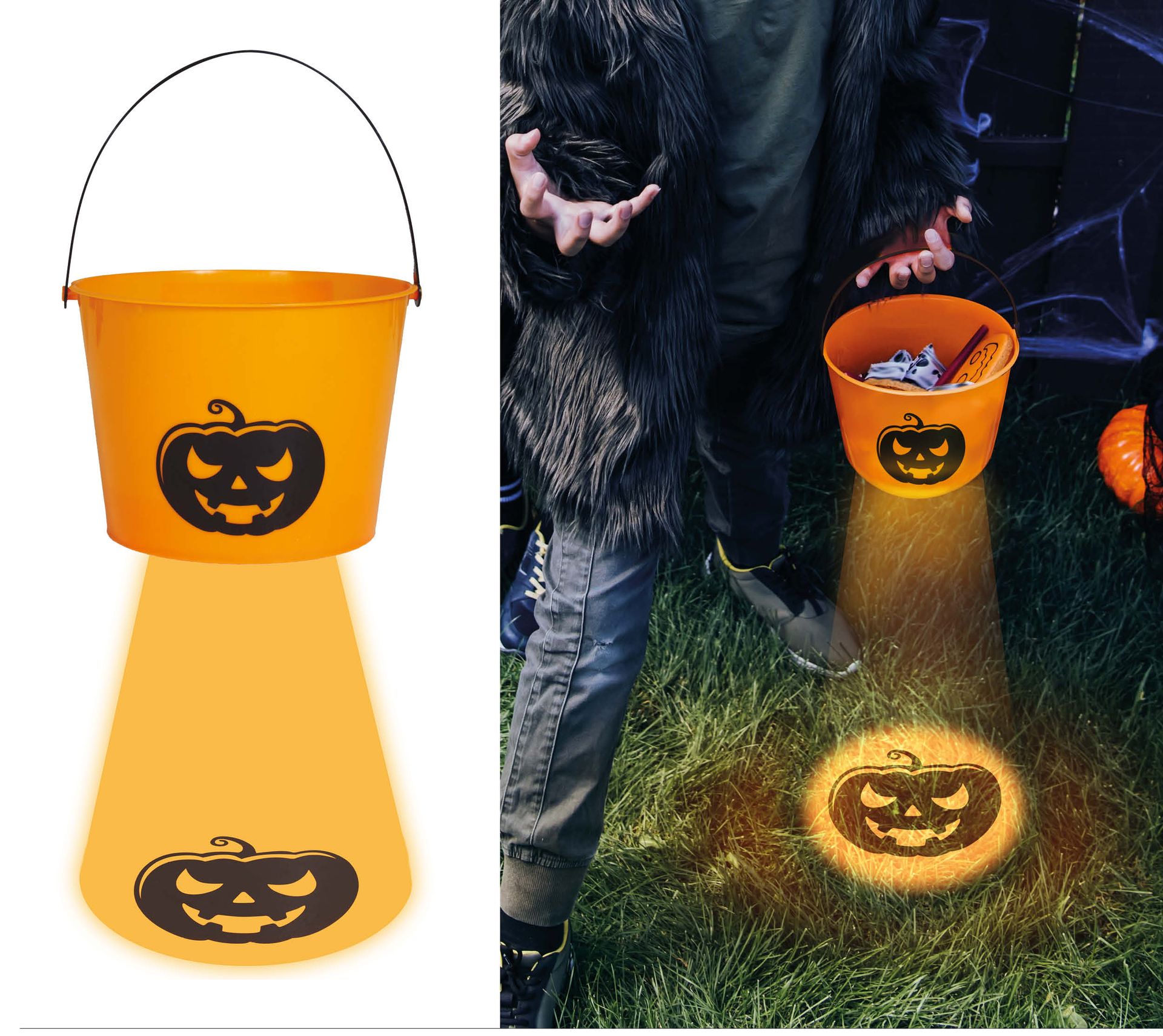 Oranje pompoen emmer met projecterende verlichting 15 cm halloween