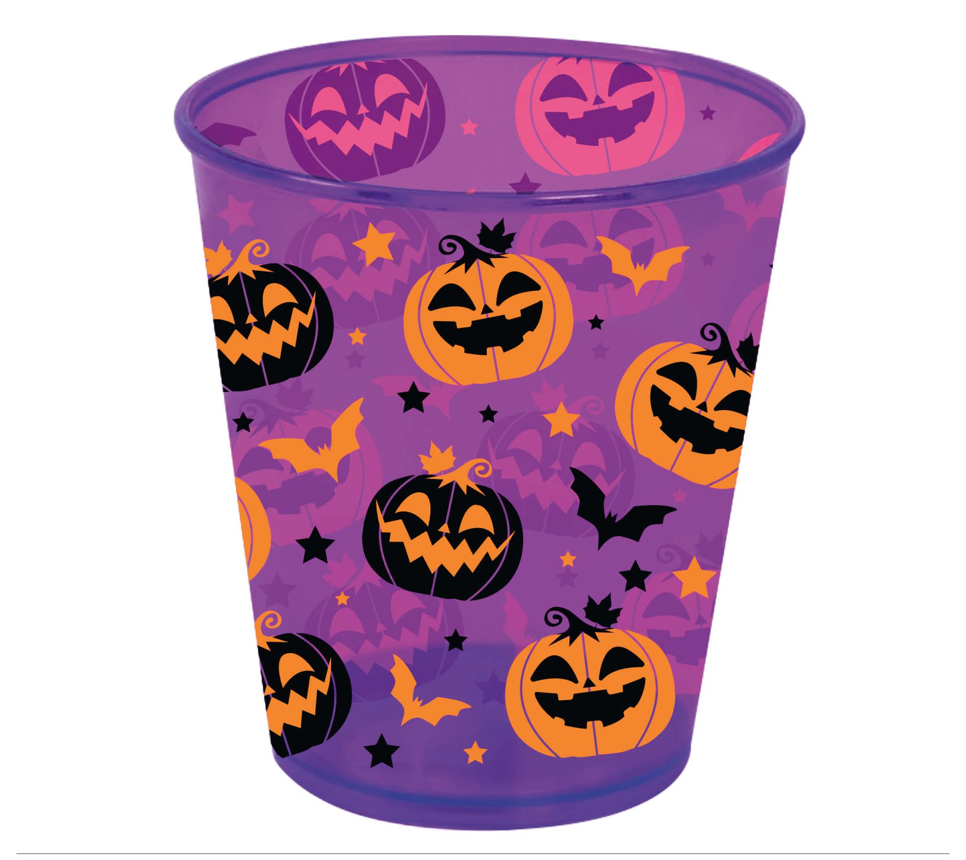 Paarse drinkbeker pompoen en vleermuis plastic 10 cm halloween