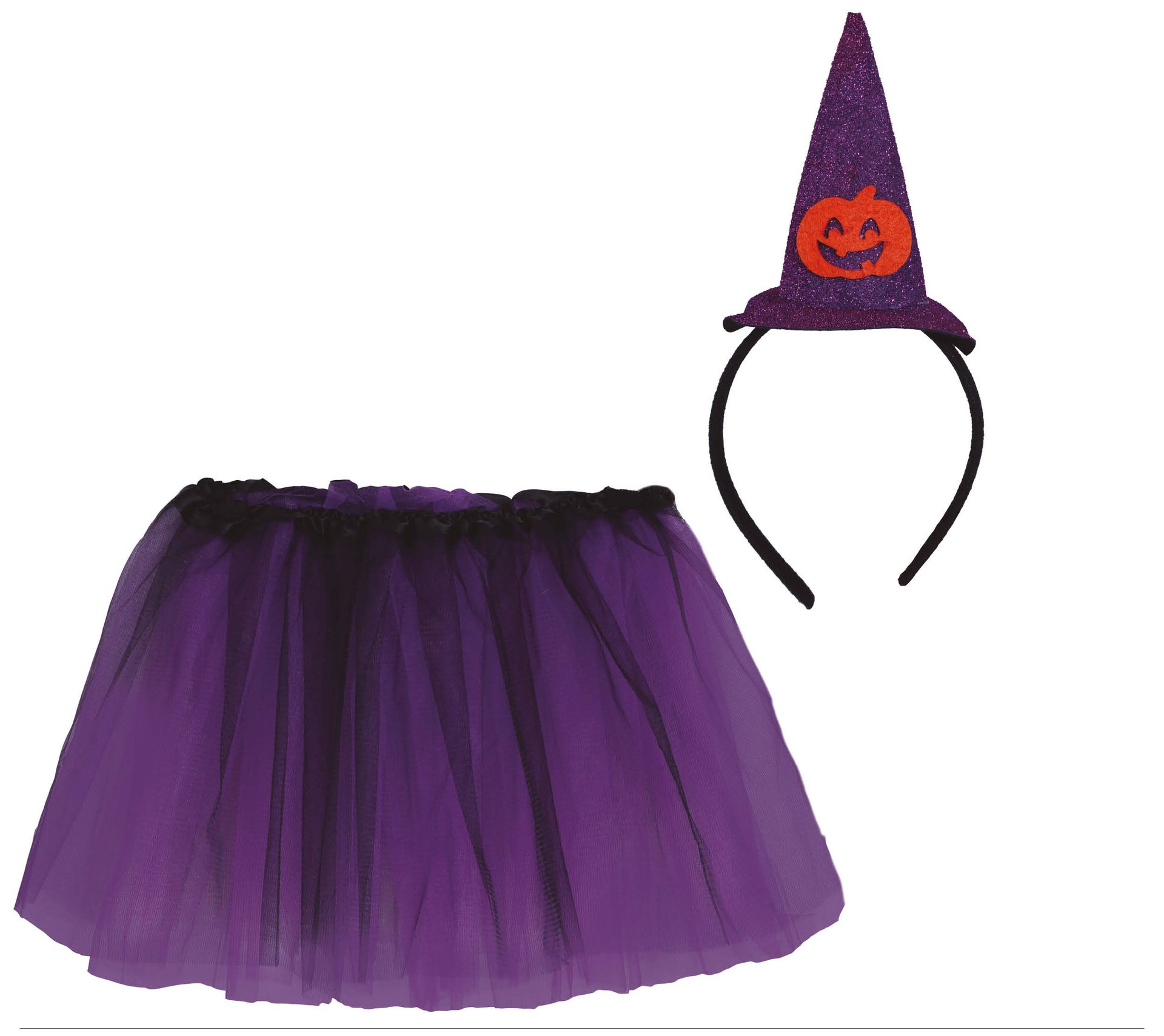 Paarse tutu met heksenhoed haarband kind 30 cm halloween