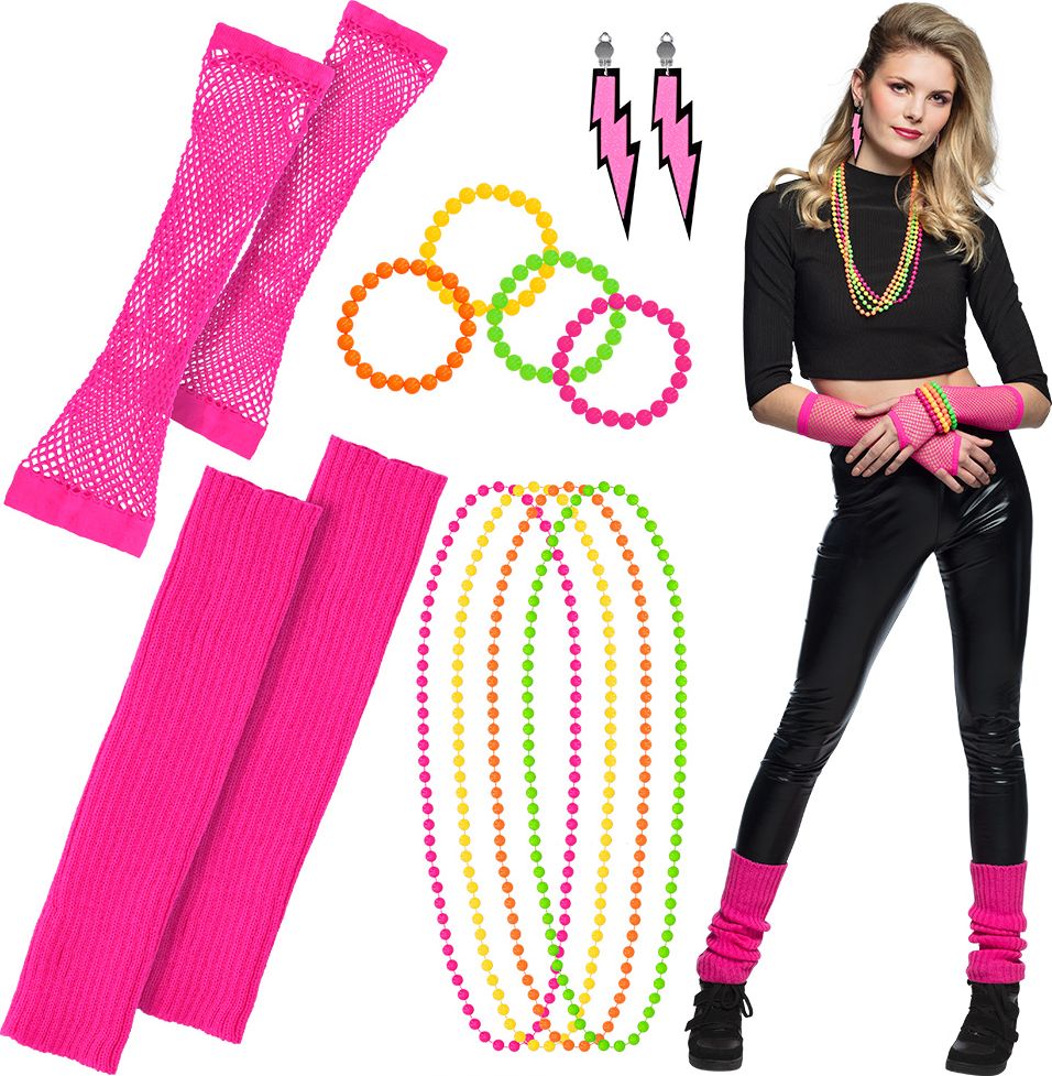 Retro 80s accessoires set neon roze