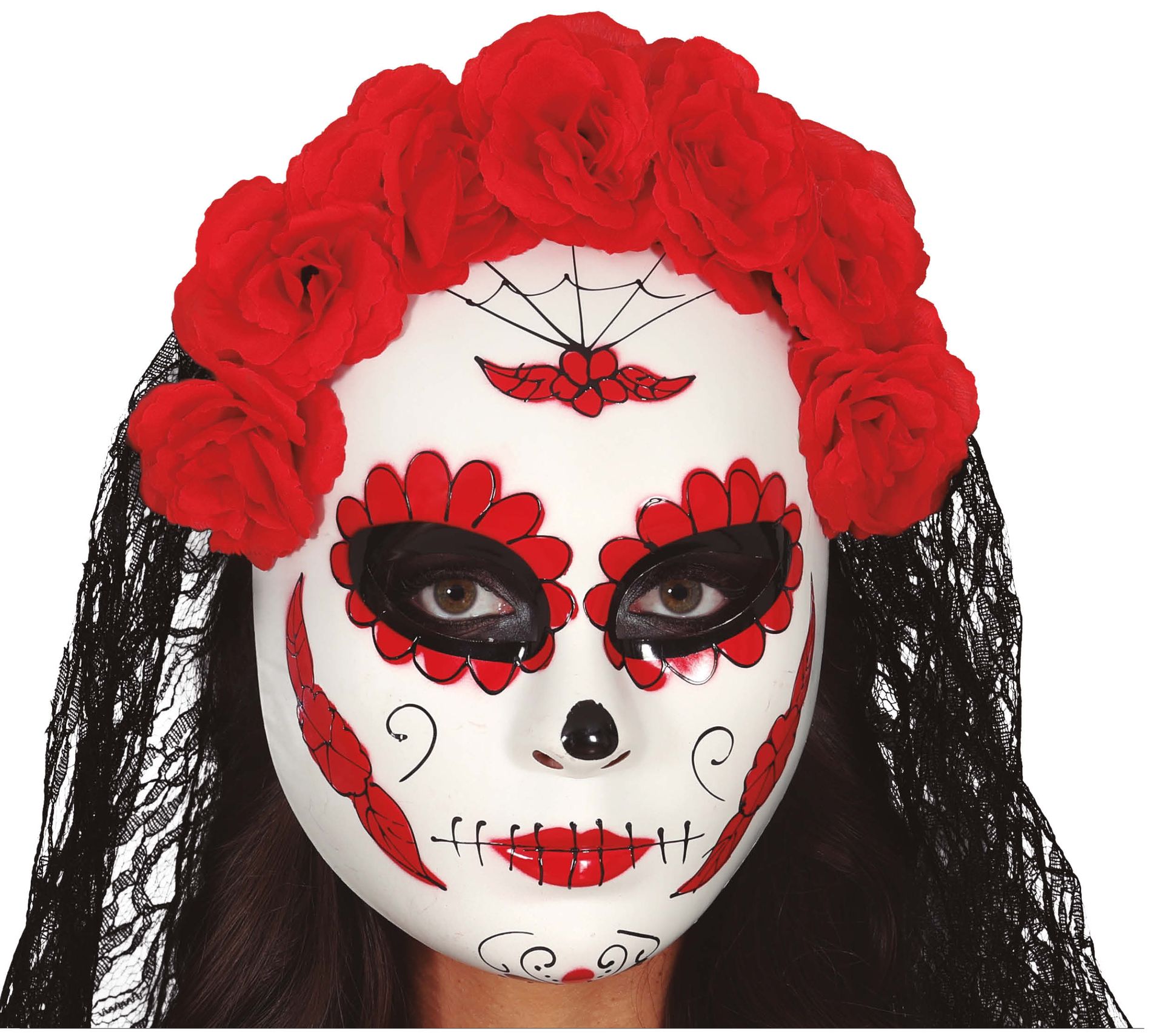 Rood Día de Muertos masker met sluier