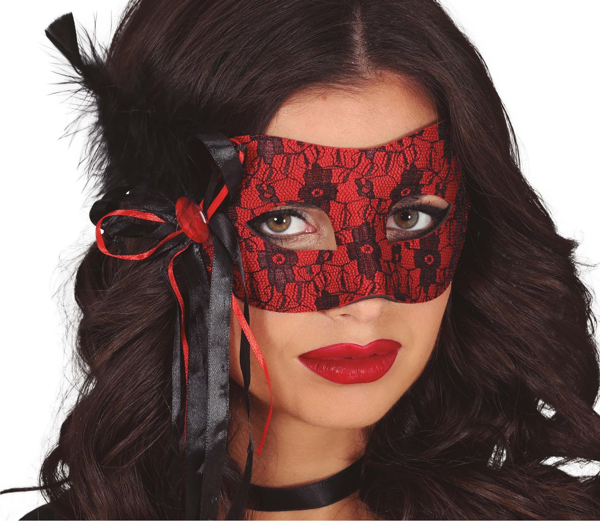 Rood oogmasker met veer