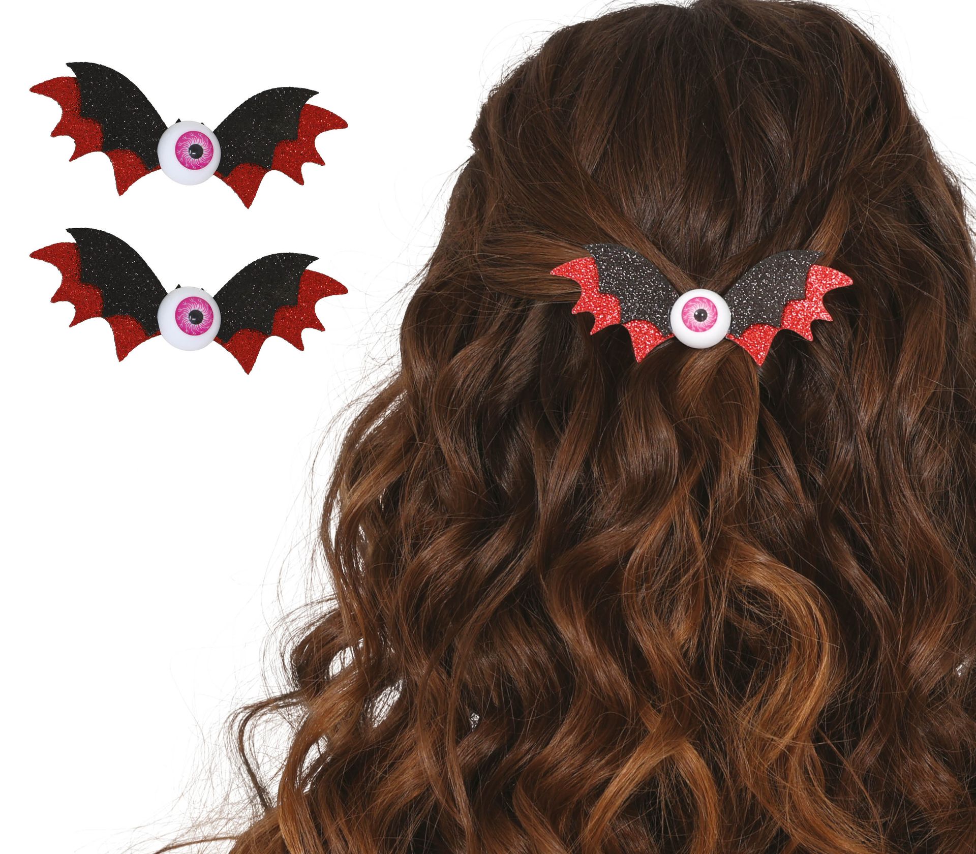 Set van 2 vleermuis met nepoog haarclips 10 cm halloween