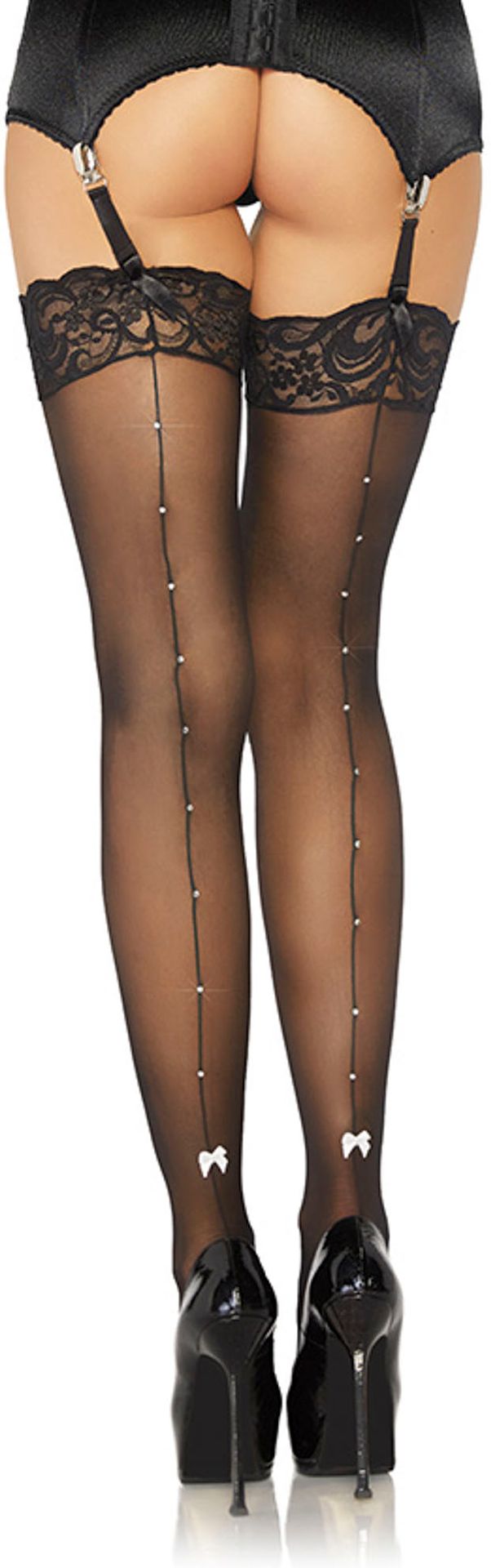 Sexy stockings zwart met naad en strikjes