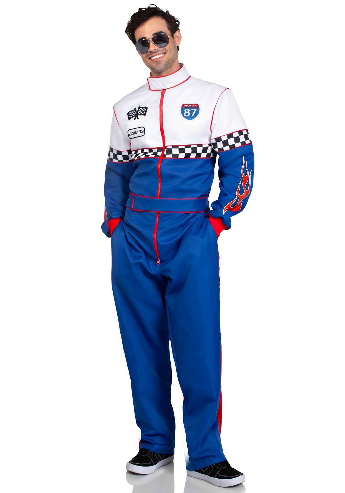 Speedway Racer Kostuum voor Heren in Wit en Blauw