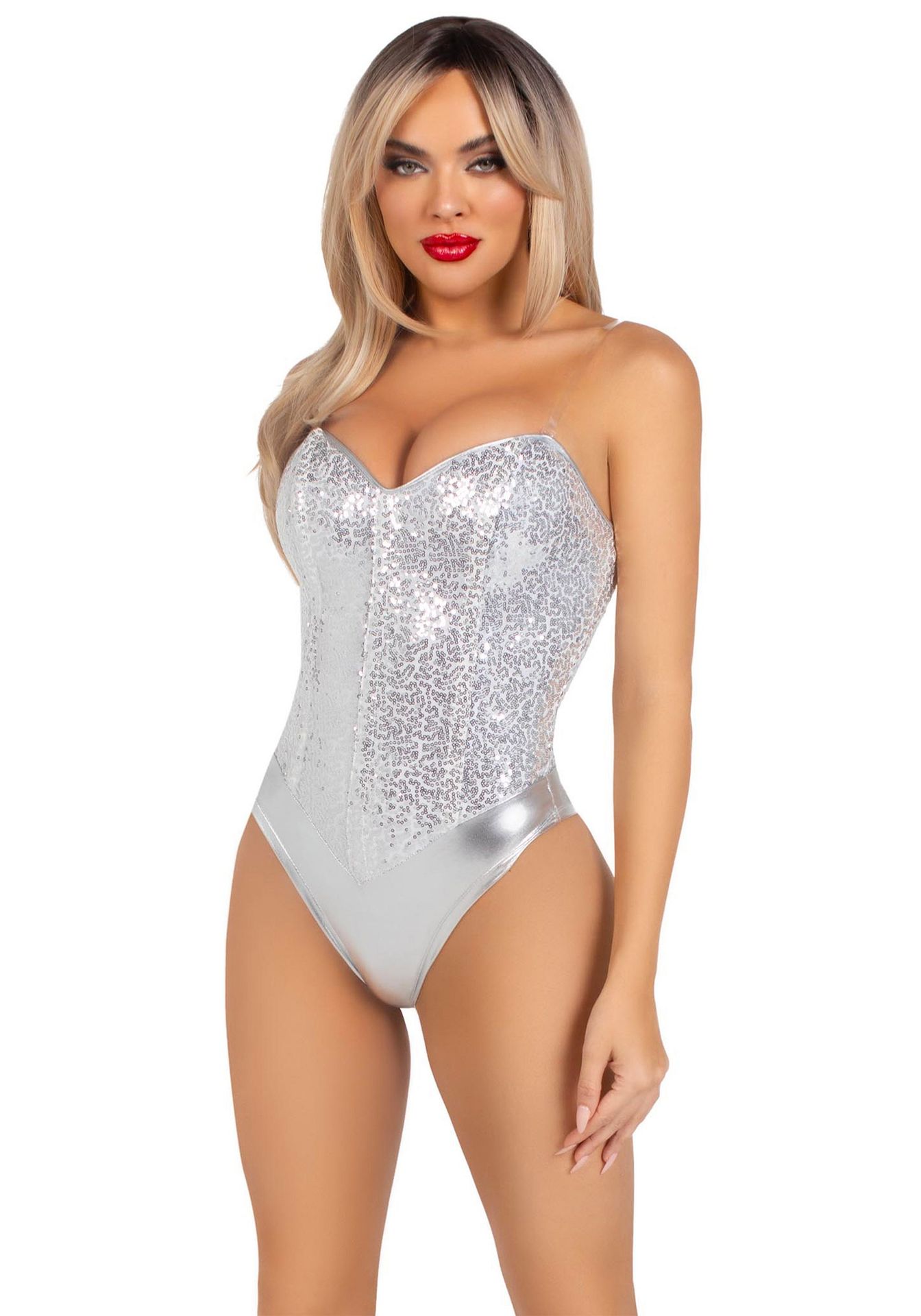 Verleidelijke zilveren pailletten korset bodysuit voor dames