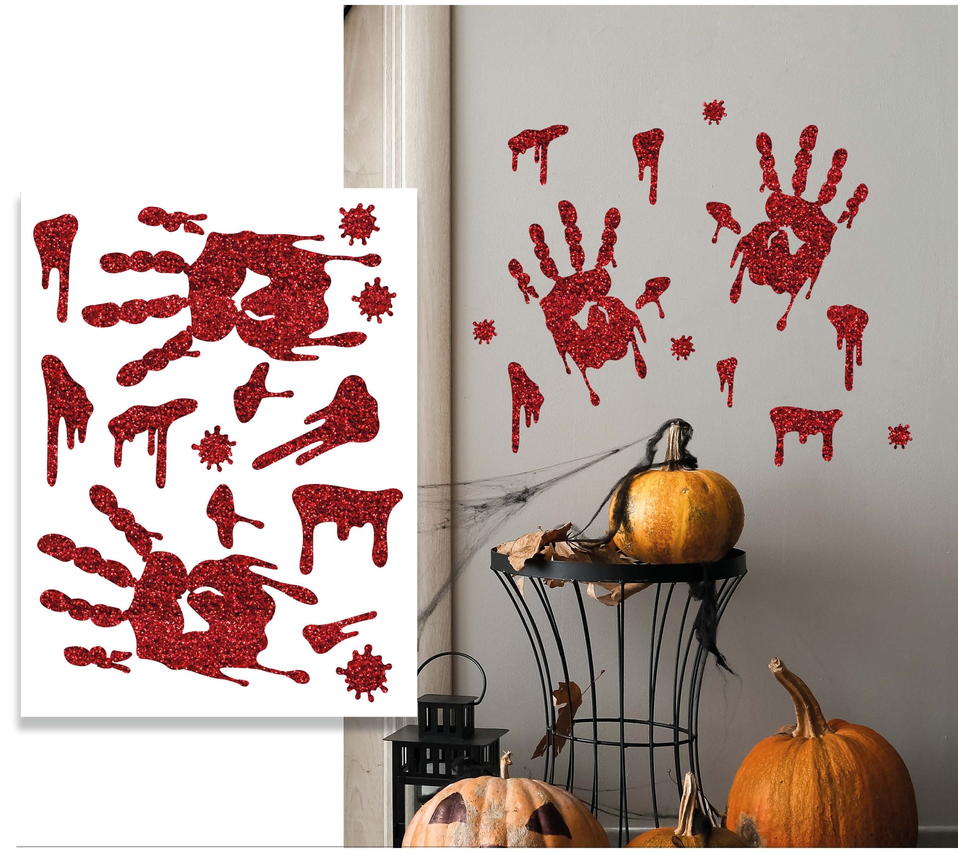 Wanddecoratie bloederig handafdruk glitter halloween