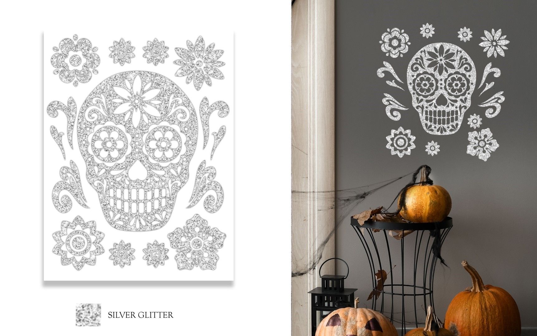 Wanddecoratie zilveren schedel glitter halloween